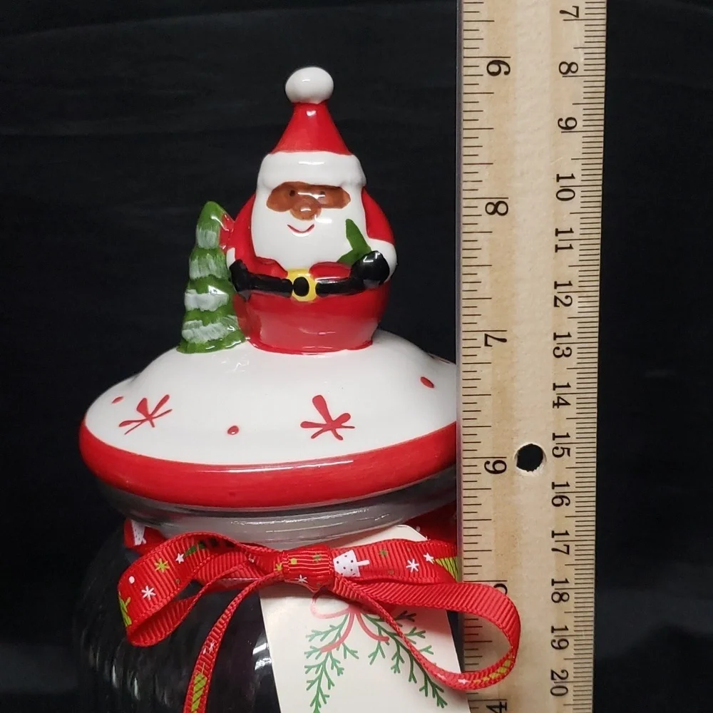 Clear Ribbed Glass Jar with Ceramic Black Santa with Tree Lid
